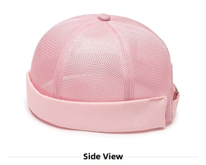 Detailed side view of pink mesh docker hat showing breathable texture and adjustment buckle