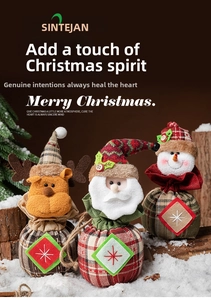 Detailed view of Christmas drawstring gift bags with Santa, reindeer and snowman doll designs
