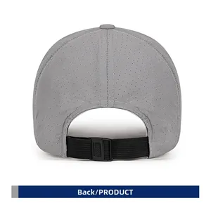 Detail view of the back of a quick-dry grey cap with laser-cut holes and buckle