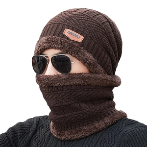 Men winter knit beanie and neck gaiter set with thick fleece lining in dark brown