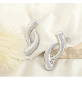 Detail view of silver abstract S-shape earrings on silk fabric and natural stone