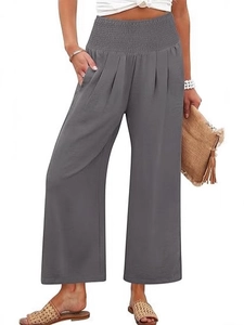 Pantalon large taille haute gris foncé avec taille élastique froncée et poches latérales