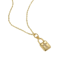 14K gold plated necklace with a sparkling cubic zirconia cross on a lock pendant
