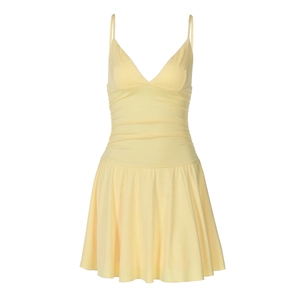 Detailed view of pale yellow mini dress with V-neckline and flattering pleated waist details