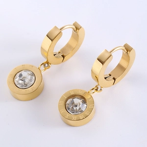 Golden stainless steel huggie earrings with roman numerals and clear zircon crystal