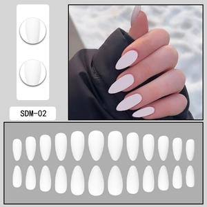 Detailed almond matte press-on nails in creamy pink-white finish with model display