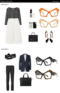 Fashion guide showing multi-color cat-eye polygonal glasses paired with modern outfits
