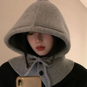 Balaclava Hat Knitted Wool Warm Neck Protection Winter Outdoor Casual Minimalist Women Button Drawstring Decor