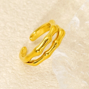 Modern double layer golden bamboo textured open ring in polished stainless steel