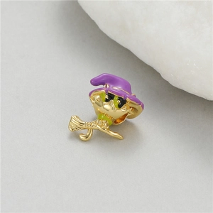 Golden witch charm with purple hat on broomstick, vintage Halloween bead for jewelry DIY