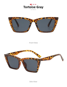 Detail view of cat-eye sunglasses in bean flower grey tortoiseshell with dark grey lenses