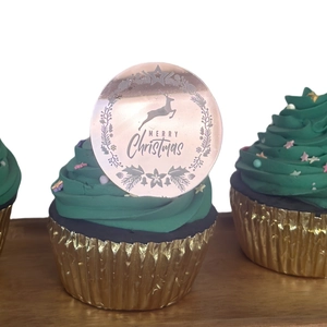 Rose gold acrylic cupcake topper with Merry Christmas engraving and reindeer design