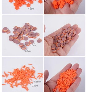 Macro view of polymer clay food slices and mini charms with size measurements