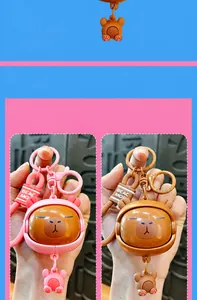 Detailed macro view showing cute rotating face Capybara keychains in pink and brown