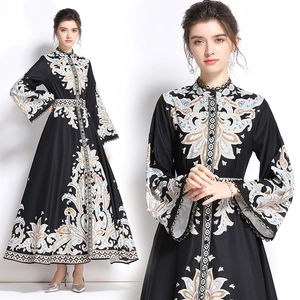 Robe Maxi Imprimée Paisley Vintage Manches Longues Évasées Taille Haute Élégante Style Bohème Pour Femmes En Polyester