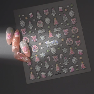 3D embossed Christmas nail stickers with pink Christmas tree and snowflake designs