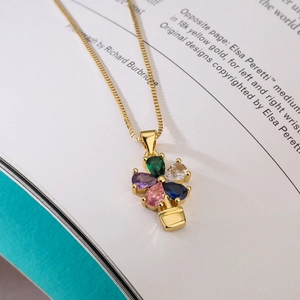 Exquisite gold-plated flower pendant necklace with five colorful teardrop gemstones