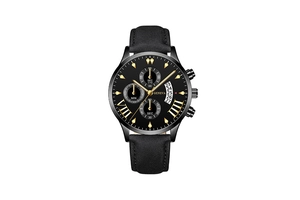 Macro detail of Geneva men's watch with black dial, gold numerals and three sub-dials