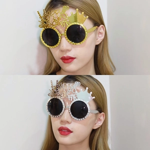 Happy Birthday party sunglasses with gold and silver glitter frames for festive celebration