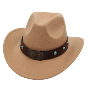 Kids Western Cowboy Hat Polyester Felt Fedora With Star Buckle Turquoise Beads Retro Ethnic Style For Boys Girls