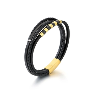 Men's multilayer black braided leather bracelet with golden stainless steel magnetic clasp