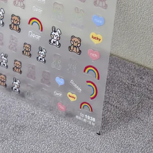 Detailed view of cute cartoon bear and bunny adhesive nail art stickers on clear sheet