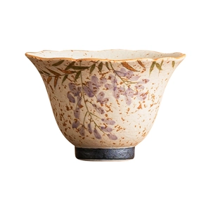 Hand-painted purple wisteria ceramic tea cup with vintage glaze and deep blue base