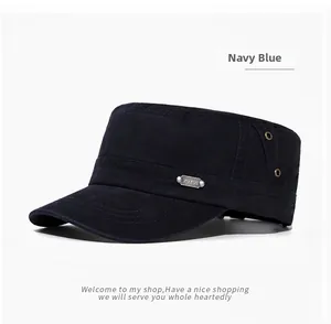 Detail of navy blue cotton cadet cap featuring metallic eyelets and side plate