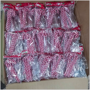 Bulk red and white striped Christmas candy cane ornaments packed in wholesale boxes