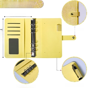Yellow glitter A6 PU leather binder cover dimensions with buckle and pen loop details