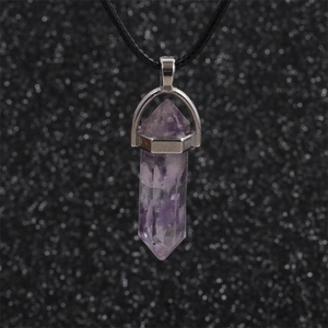 Amethyst hexagonal prism pendant necklace with silver base and black wax cord