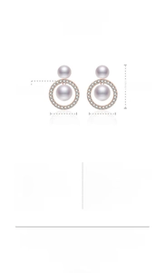 Detailed view of pearl stud earrings with zircon halo and specific sizing parameters