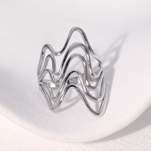 Minimalist silver wavy layered hollow stainless steel open ring for women