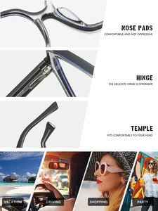 Detail of oversized blue light glasses showing reinforced hinge and ergonomic nose pads