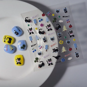5D embossed nail stickers featuring cute black cats with colorful star and cloud patterns