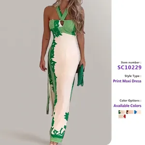 Vestito Maxi Halter Da Donna Senza Maniche Poliestere Stampa Floreale Color Block Schiena Scoperta Estate Spiaggia Vacanze