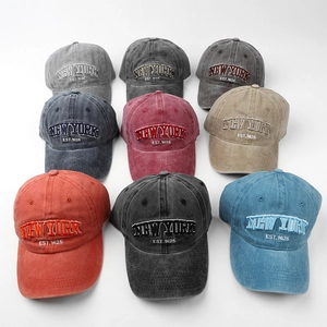 Vintage washed cotton baseball caps with New York embroidery in nine various colors