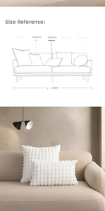 Size guide for plush checkered cushion covers showing various dimensions on a 220cm sofa