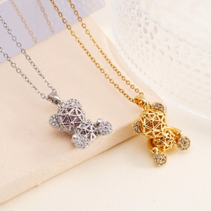 Elegant bear pendant necklaces in gold and silver finish with zircon geometric details
