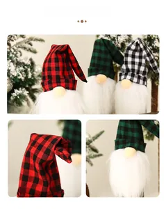 Detailed view of plaid fabric textures and fine stitching on Christmas gnome wine bottle covers