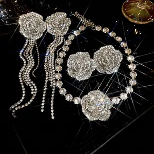 Sparkling silver flower tassel earring and necklace set with brilliant clear rhinestones