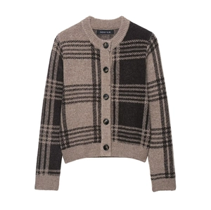 Plaid Knitted Cardigan Sweater For Women Round Neck Button Down Long Sleeve Polyester Acrylic Vintage Casual Outerwear