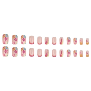 French floral press on nails with colorful wavy patterns and square round shape nails