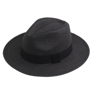 Men's wide brim summer straw fedora sun hat in charcoal grey with black ribbon band