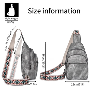 Gray crossbody chest bag with detailed size info and ethnic pattern shoulder strap