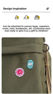 Detail of book club enamel pins set pinned on a green vintage canvas tote bag