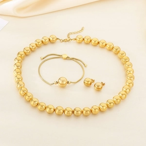 Stainless Steel Jewelry Necklace Bracelet Earrings Round Hollow Beads Polished Fashion Geometric Trendy For Women