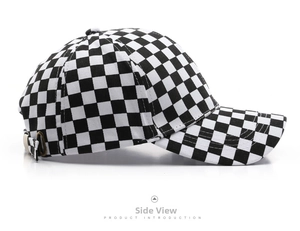 Detailed side view of checkerboard baseball cap featuring adjustable metal buckle and canvas texture