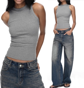 Close-up of gray ribbed texture and slim fit design on a sporty backless tank top