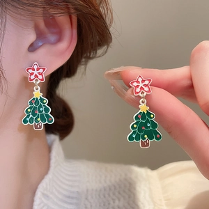 Elegant Christmas tree earrings with snowflake star studs and green enamel holiday charms